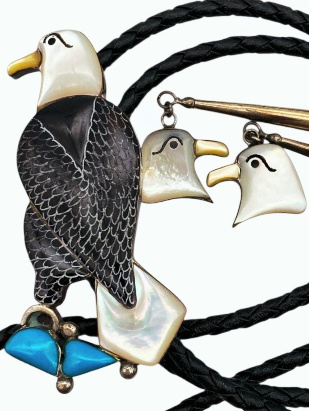 Authentic *Vtg Native Sterling Silver Eagle Inlay Bolo Tie Turquoise / MOP
